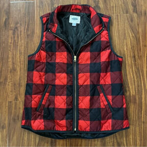 Old Navy Red and Black Buffalo Check Quilted Lined Puffer Vest size medium